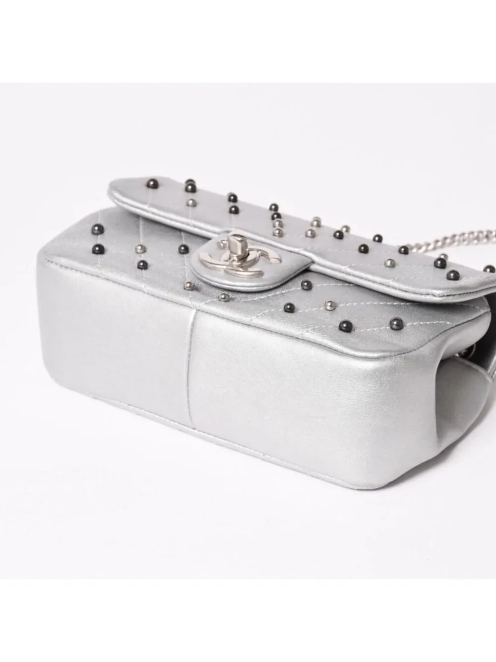 Chanel Chevron Stud Wars Chain Shoulder Bag CC Logo Calfskin Silver
